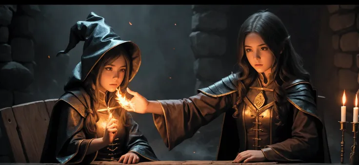 Girl in a wizard outfit with and fire coming from her hand