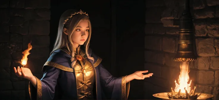 Girl in a wizard outfit with and fire coming from her hand