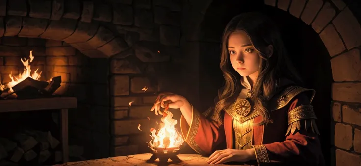 Girl in a wizard outfit with and fire coming from her hand