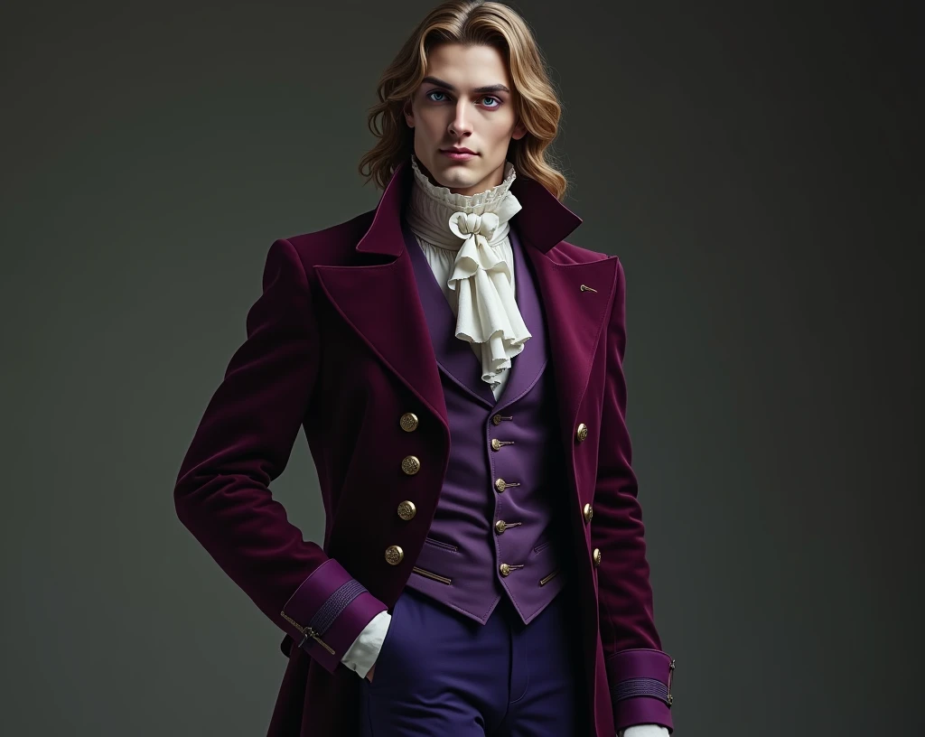 Pale and tall man, Appears to be 30-3.long light brown hair with golden highlights, Thin gray-blue eyes with dark purple eyeshadow and noticeably high cheekbones. His clothes are in Victorian style, old, Long dark burgundy jacket with lavender lining and g...