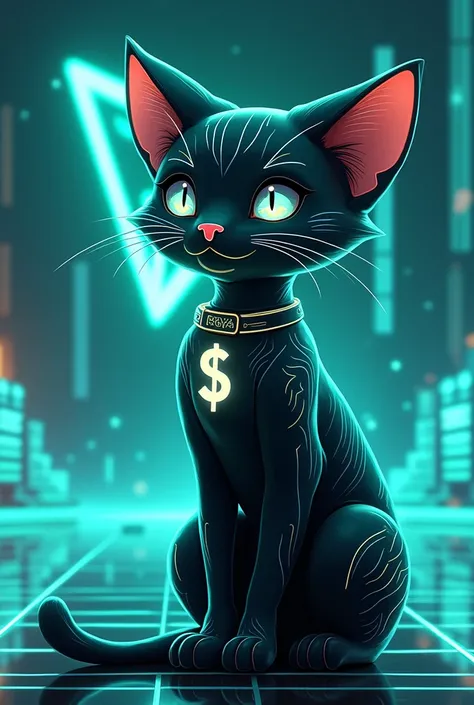 Cat: Picture a sleek, futuristic cat, possibly with fur patterns that mimic the TRON aesthetic—glowing blue and green lines integrated into its fur. The cat is wearing a collar with the $SUYA logo, which glows brightly, symbolizing its connection to the bl...