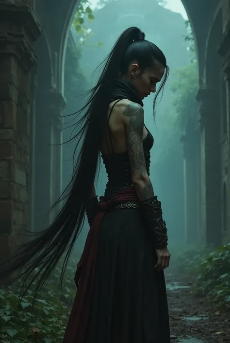 night, very dimly lit, highly detailed, intricate, random view angle, skinny female warrior, extensively tattooed, confidence, asserted, lost in thoughts, exhausted, disappointed, fantasy futuristic mixed setting, extremely long voluminous hair, extremely ...