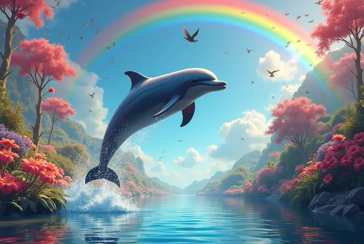 A dolphin jumping in a river with rainbows, flowers, birds and everything very colorful. The dolphin is drugged. 