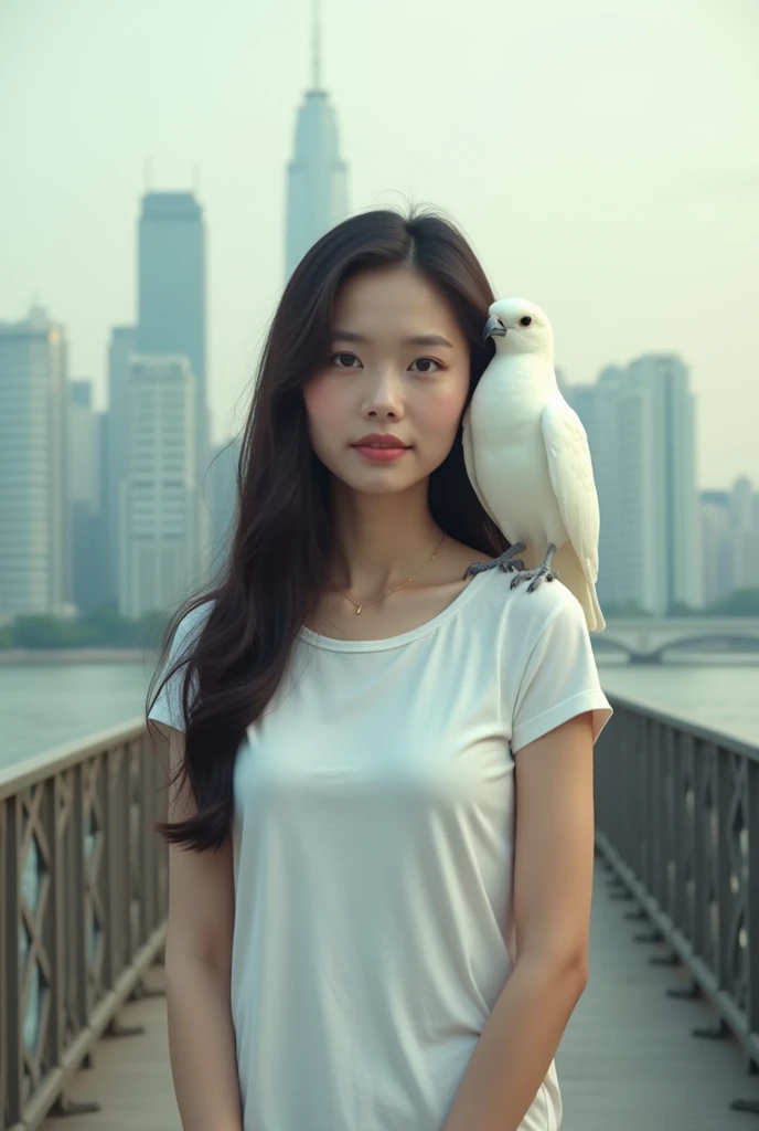 A white bird sits on the shoulder of a Thai woman wearing a white T-shirt on a bridge in the city.