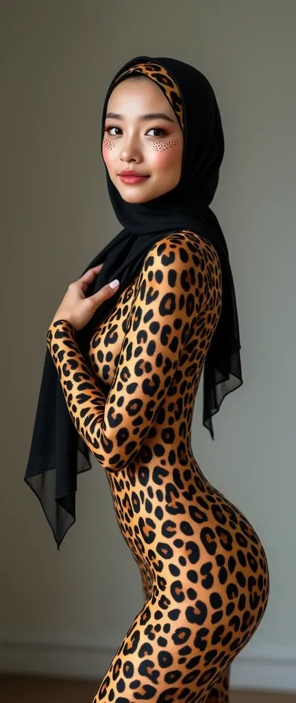 The beautiful and slender thin asian muslumah adult girl with beautiful cheeks wears grey sunda clouded leopard print lycra turtleneck unitard catsuit covered with spots and grey sunda clouded leopard print lycra elastane stretchy dancewear 100% stretchy h...