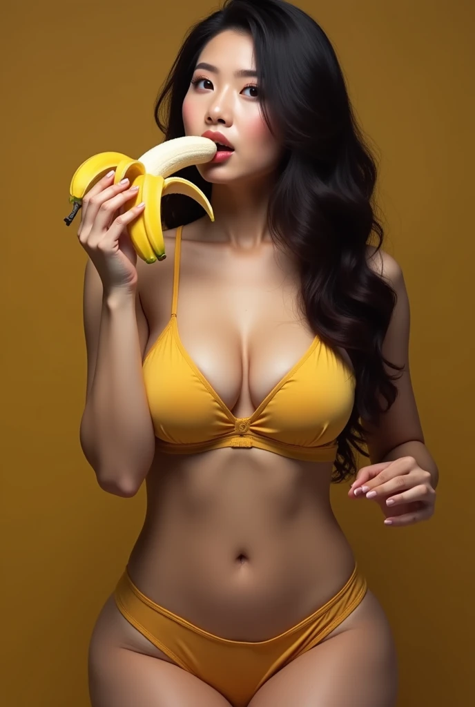 Create a beautiful Chinese woman in bra and panties with big breasts eating a banana