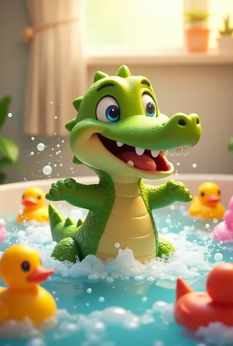 Animated baby crocodile in bath with bubbles and toys