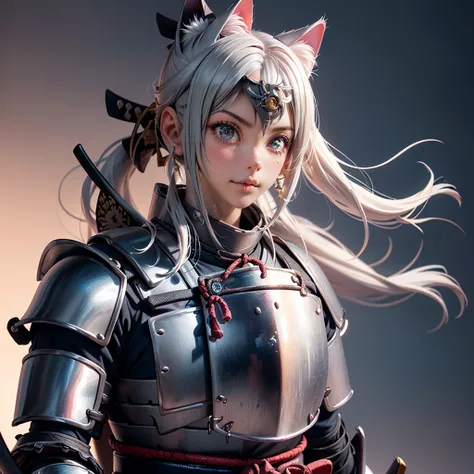 Moisturized Skin, (blue eyes), Realistic body, The chest is open, (Adult female body), Energetic, 3DCG, front, Pink lipstick, (Silver Hair), ((Cat ear)), Beautiful Hair, Long Hair, ponytail, (((Samurai Armor: 1.3))), ((masterpiece + Highest quality + High ...