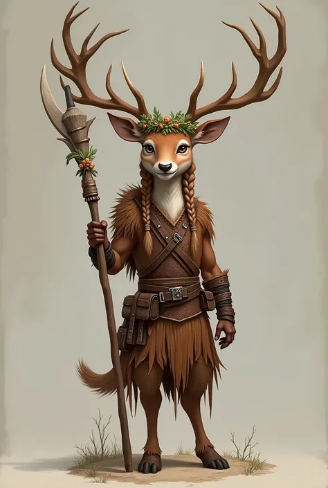 Anthropomorphic deer, Looking at viewer, Deer Ears, Smile, Determined, Twin Braids, Character Sheet Full-Length, Horns, Head Wreath, holding wood staff, Character Design, Detail, leather armor