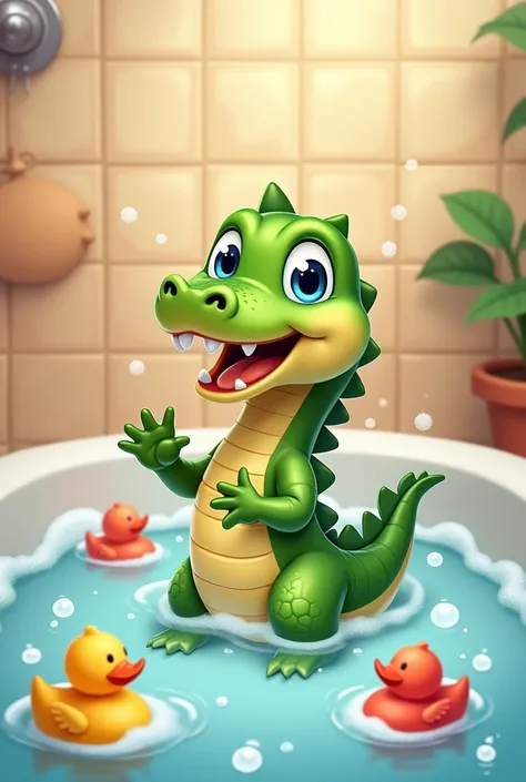 Animated babay crocodile in bath, with bubbles and toys