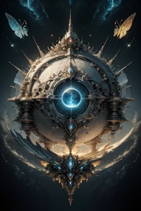 A light sky air two battle space ship surround by the magician circle with a diamond inside the orb, many shining butterfly, sparkle sky, shining, gust of wind, light bright flowers, sun and moon, dark light of fantastic and cosmological with universal. Am...