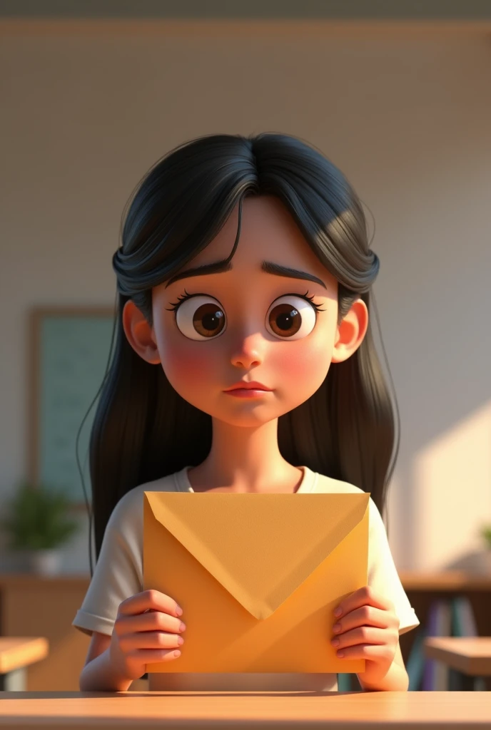 In 3d animation style "Sumana receiving her exam results, with a mixture of anxiety and hope on her face."