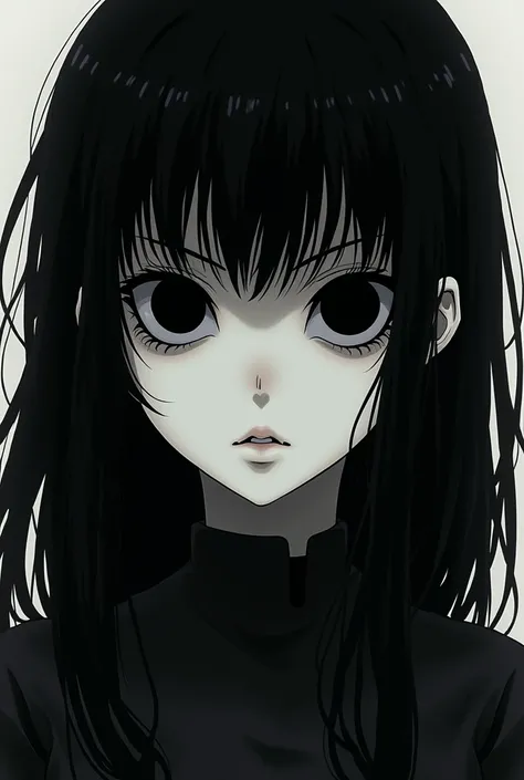 Entwerfe einen weiBlichen Horror anime Charakter. sie sollte Blasse gräuliche haut,spitWithe schwarWith umrande Augen,schwarWithe dichte Haare und einen pony haBen.In addition, the character should look similar to the characters of Junji Ito (With.B.Tom).