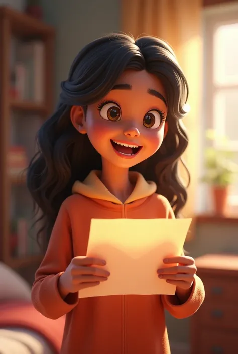 In 3d animation style "Sumana receiving an acceptance letter from a prestigious college, with a joyous expression."