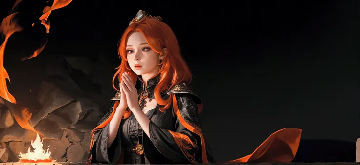 Female in a black wizard outfit with fire coming from her hands with orange hair and a black crown