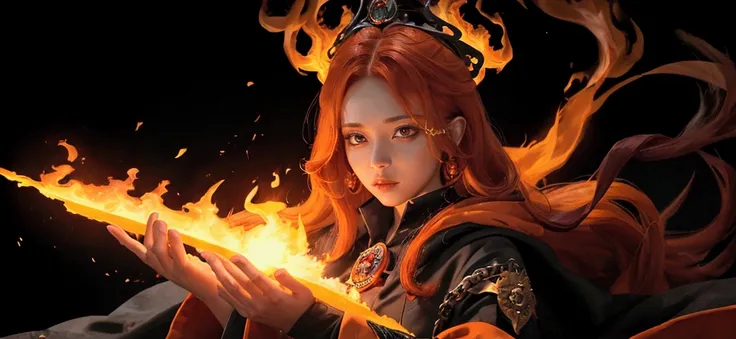 Female in a black wizard outfit with fire coming from her hands with orange hair and a black crown