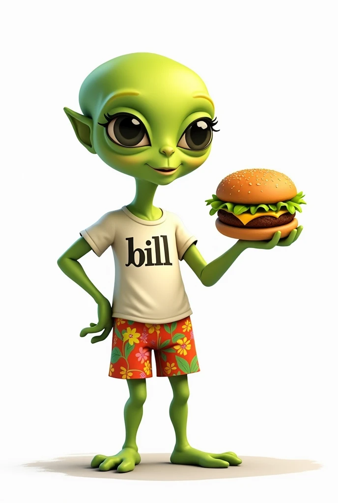 Je veux un extraterrestres vert avec un tshirt écris  billi présentent un burger metre un fond blanc avec un short a fleurs plus gentil 