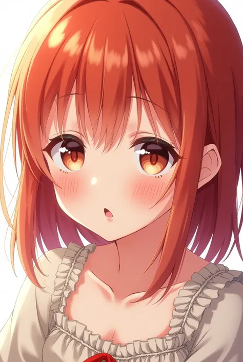 (embarrassed), red hair, orange hair, WeriArt Style, 1girl, blush, upper body, highly detailed eyes, hires, collarbone, frilled dress, open mouth