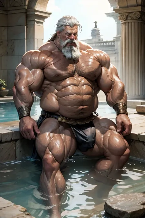 Hyperrealistic image of a male ingres bather surrounded by other superhero men with grey afro hair and very long hair, very old and very sweaty bodybuilder over 80 years old..very muscular and fat, He weighs more than 200 kilos with a naked torso., large a...