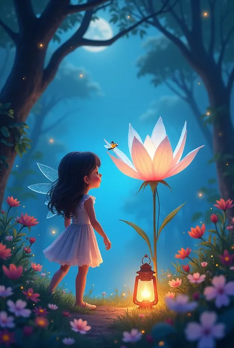 Ellie and the Moon Pixie are in a vibrant, magical glade where a special flower with moon-like petals is glowing softly. The lantern is open, with beams of moonlight escaping and returning to the sky. Ellie and the Pixie look triumphant as the moon’s light...