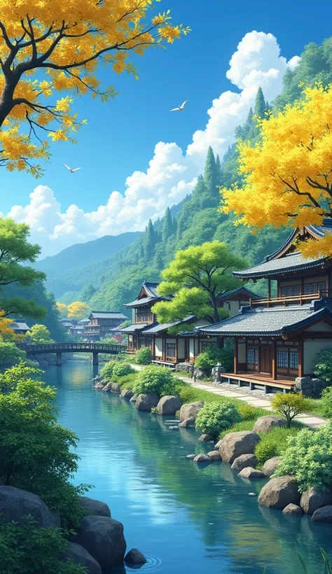 ((traditional japan houses near river with a big yellow flower tree: 1.3)) , ((camera facing the front of the houses:1.2)), ((next to a river: 1.2)), detailed anime artwork, urban, japan anime scene, ((bright blue sky: 1.0)), extra detailed, very detailed,...