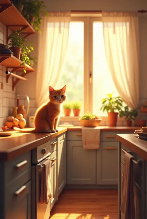 A sunny kitchen with warm light pouring in, featuring a curious cat named Leo.