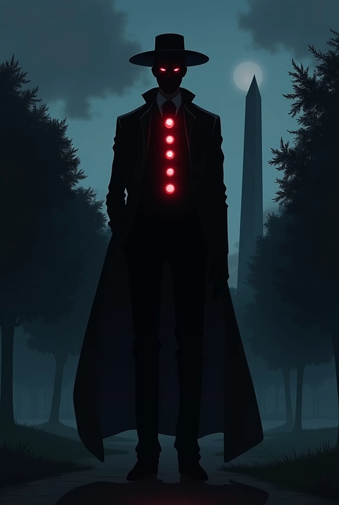 The image is anime style with shadows and dim lights, anime style although somewhat adult and dark, It shows a tall man wearing a Thalia theater mask., and a black hat, He wears a completely black suit. On his chest you can see four red eyes. The backgroun...