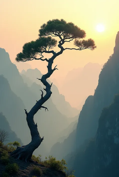 Morning sunshine scene top pine tree huangshan muotain