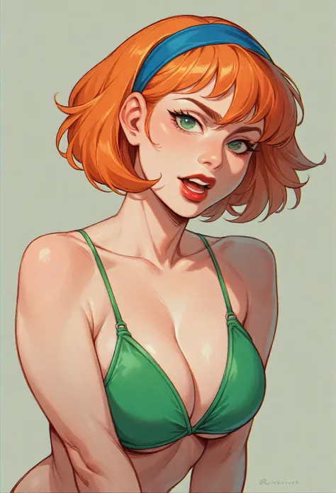  white female with short orange hair and blue headband in her hair, long mouth, big, thick mouth, thick red lips, big honey-colored eyes, and a fluorescent green bikini.