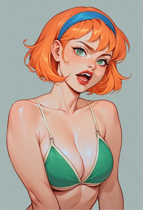  white female with short orange hair and blue headband in her hair, long mouth, big, thick mouth, thick red lips, big honey-colored eyes, and a fluorescent green bikini.