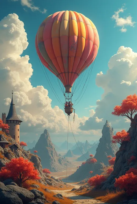 Fantastic landscape, castle town, Hot air balloon with many ropes connected to the ground, (Uneven terrain:1.6), (Multicolored fungal house restored: 1.2), (Fluffy bushes: 1.1), Discharge, Cumulonimbus, Cirrus, Thick silhouette, Pointed silhouette, Extreme...