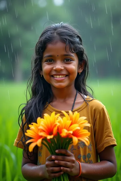 Rainy season, 20yo Tamil girl holding bunch of flowers in her hand, (bright smile), look at viewer, raining around her, raining on her, dews on the flowers, (hair dress body completely drenched in rain), green field trees in the background, ultra-realistic...