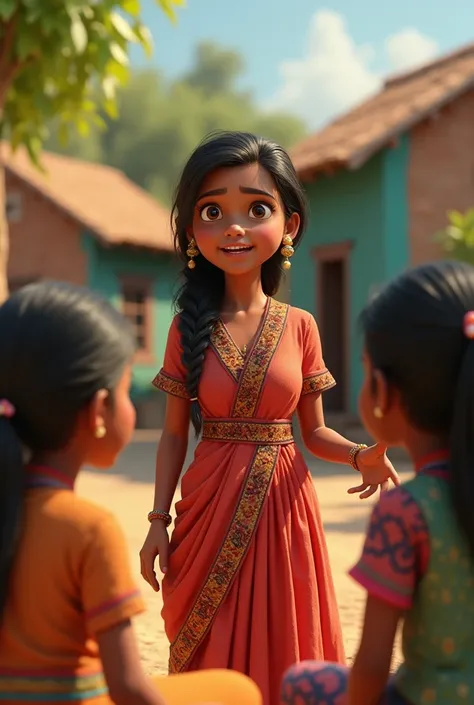 In 3d animation style "Sumana talking to a group of young girls from her village, motivating them to pursue their dreams."