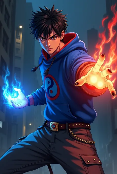 Boy age 20, latin, brown eyes, deep and cute eyes, royal blue hoodie, the hoodie hood is red into, royal blue cargo pants, only right demon arm, only right arm on red flames, only left arm blue flames, japanese style, belt with a blue and red ying yang, ch...