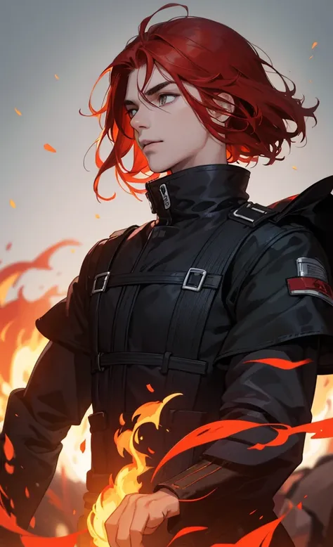 a high resolution, 8k, 1 man, fire, (red hair, hair super short, layered hair:1.1), shadowed face, (people&#39;s black coat with red fabric, black top), (view from above:1.1), (red eyes), (katana in hand), chinese culture night city, standing still, (best ...