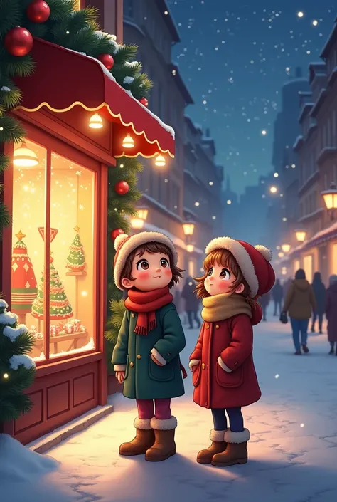 From the souvenir shop there are 2 children standing in front of the shop in the city on Christmas night.
