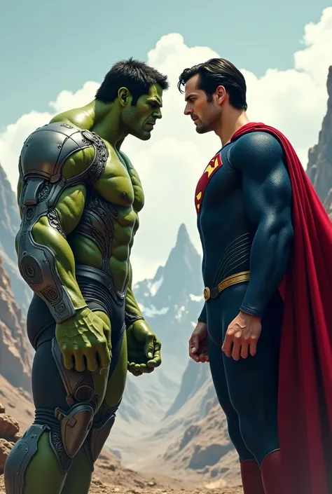 Hulk in ironman suit standing face to face with superman in landscape 