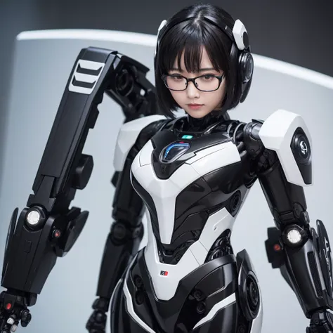 Highest quality，masterpiece，Ultra-high resolution, Very detailed, 8k，Beautiful Japanese Women:1.5，Black Hair、 (black and white robot suit, Plump, Slightly thicker),Glasses