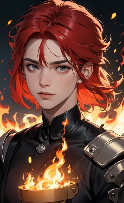 a high resolution, 8k, 1 man, fire, (red hair, hair super short, layered hair:1.1), shadowed face, (people&#39;s black coat with red fabric, black top), (view from above:1.1), (red eyes), (katana in hand), chinese culture night city, standing still, (best ...