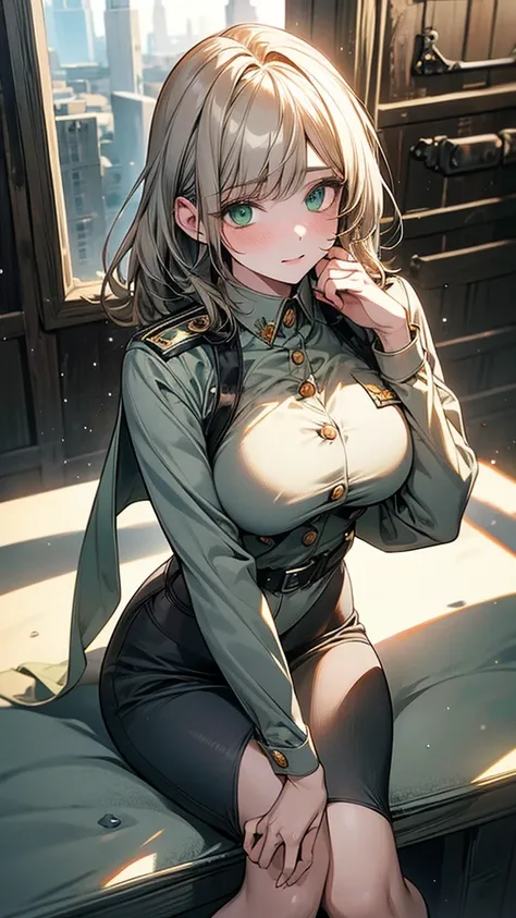 4K resolution,((Highest quality)),Ultra-high resolution,Adult women, alone, sexy, (A tense face), (Light green eyes), Beautiful and symmetrical face, (Gray medium hair),uniform,military belt,Realistic:1.4,Realistic:1.4,(masterpiece:1.2),Perfect Eyes,Perfec...