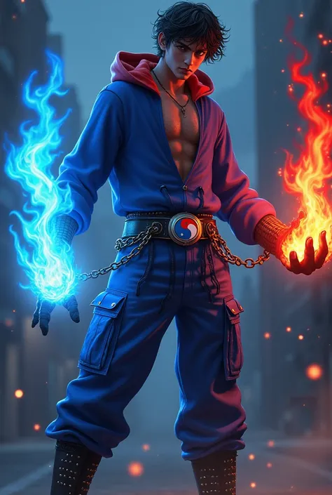 Boy age 20, latin, brown eyes, deep and cute eyes, royal blue hoodie, the hoodie hood is red into, royal blue cargo pants, only right demon arm, only right arm on red flames, only left arm blue flames, japanese style, belt with a blue and red ying yang, ch...