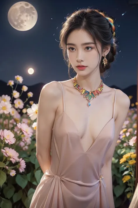 (((best quality))),(((ultra detailed))),(((masterpiece))),illustration,((1 beautiful girl,solo)),(neat chignon:1.2),((earrings,crystal necklace)),((slim,thin)),((small breasts,flat chest)),(slender legs:1.2),(stockings:1.3),(a moon in the clear night sky a...