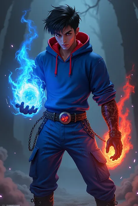 Boy age 20, latin, brown eyes, deep and cute eyes, royal blue hoodie, the hoodie hood is red into, royal blue cargo pants, only right demon arm, only right arm on red flames, only left arm blue flames, japanese style, belt with a blue and red ying yang, ch...