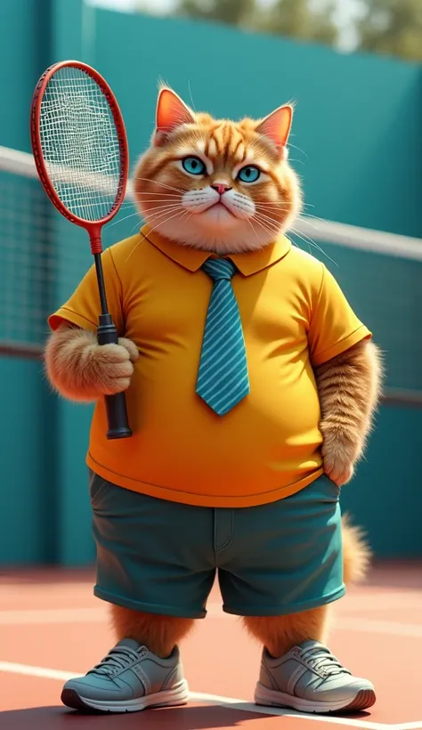 Make a picture of a fat orange cat with blue eyes, flat nose, facing the camera, wear badminton shirt and tie, sport shoes, carrying a badminton racket with a badminton court net in the background, wide, full body, 8k super realistic