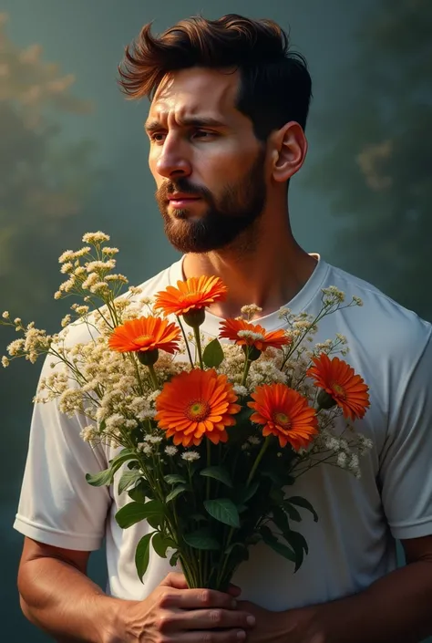 Messi with some flowers in his hand.