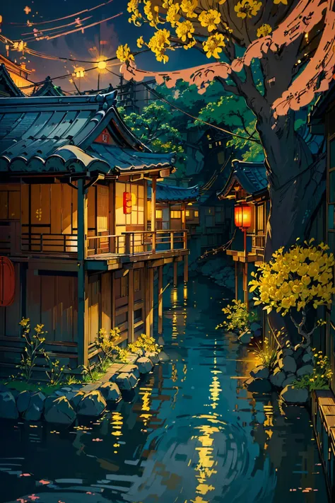 ((traditional japan houses near river with a big yellow flower tree: 1.3)) , ((camera facing the front of the houses:1.2)), ((ne...