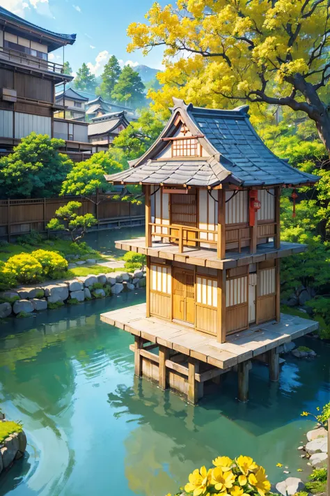 ((traditional japan houses near river with a big yellow flower tree: 1.3)) , ((camera facing the front of the houses:1.2)), ((ne...