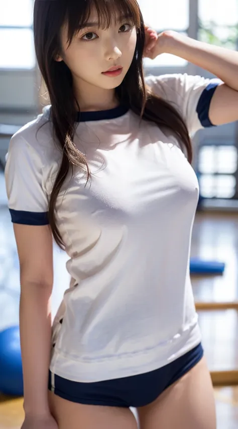 alone、high school girl、white skin、natural makeup、bangs、straight long hair、(((white short-sleeved t-shirt on the upper body)))、((...