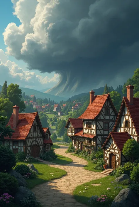 A small, cozy village with charming houses and a stormy sky.**