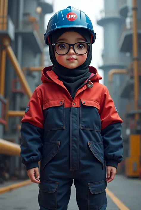 Chubby cute girl  wearing spectacles, with black hijab. wearing duo tone dark red on top and dark blue on bottom oil and gas coverall. Wearing Blue helmet with JPE logo in red. BACKGROUND turbine PLANT.

